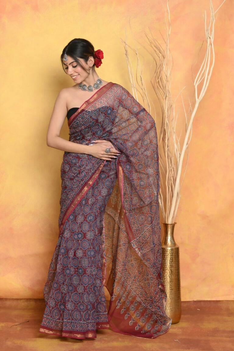 Very Much Indian Pure Kota Cotton Handblock Printed Saree - Grey