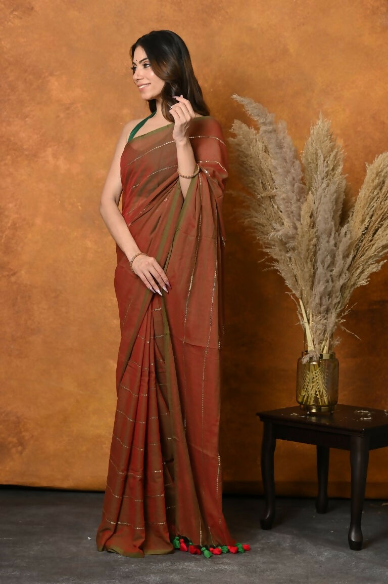 Very Much Indian Designer Mul Cotton Handloom Saree with Sequins - Dual Tone Red Green