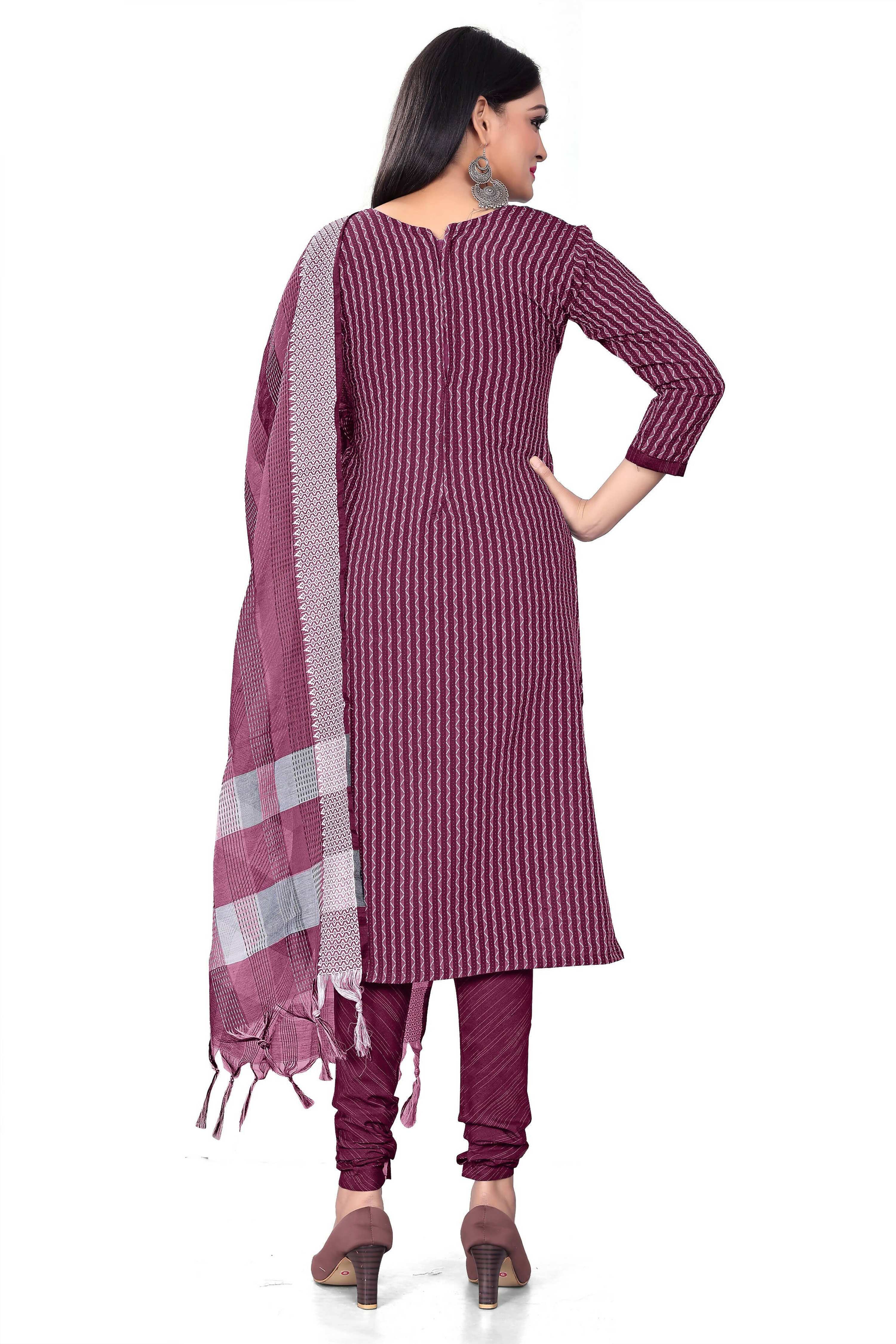 Wine Cotton Jacquard Woven Unstitched Dress Material - Amara
