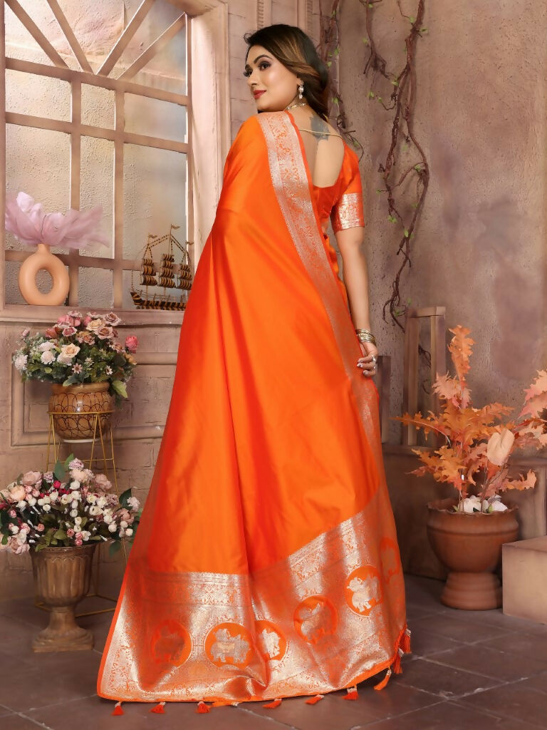 Anaita Dark Orange Banarasi Silk With Beautiful Gala Weaving Saree With Blouse