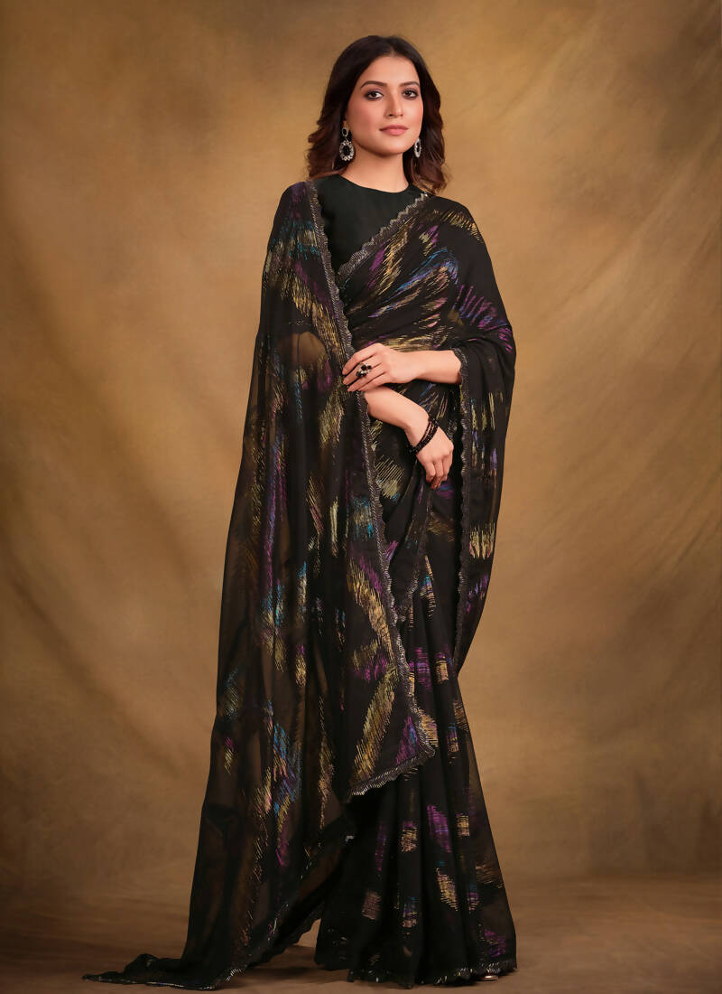 Black Zari Jacquard Print Designer Saree with Unstitched Blouse - Norita Mahitha