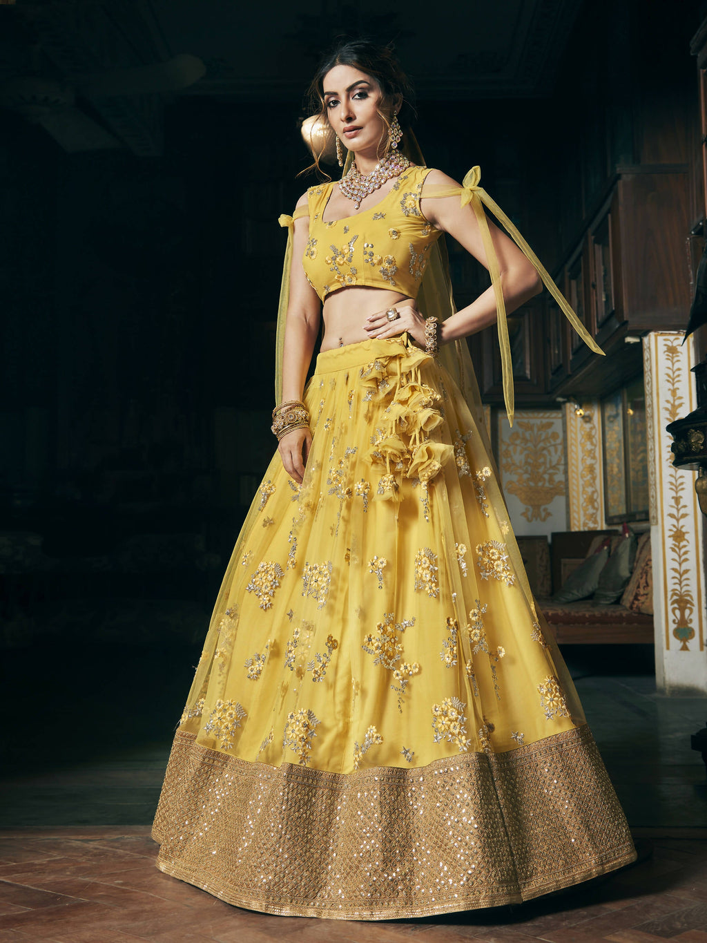 Wedding Designer Sequene Zari Resham Embroidery Yellow Net Lahengha Choli - Anbazaar