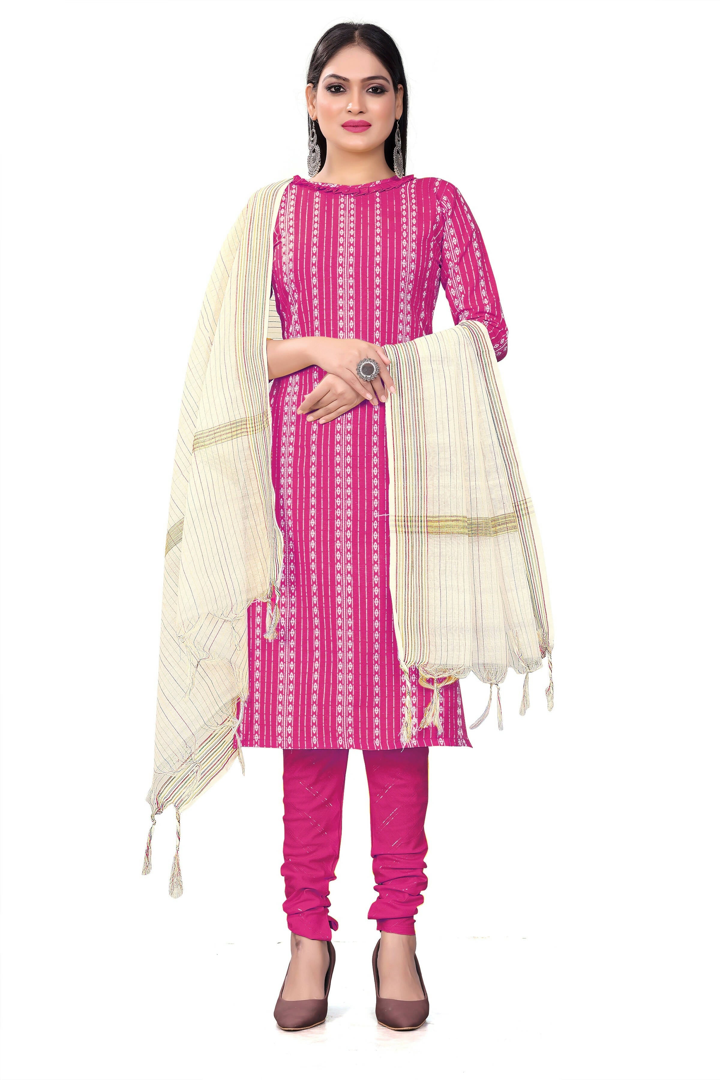 Pink Cotton Jacquard Woven Unstitched Dress Material - Amara