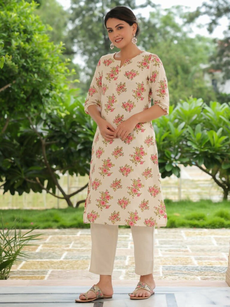 Aramya A-line Linen Cotton Floral Print Women's Kurta - Pink