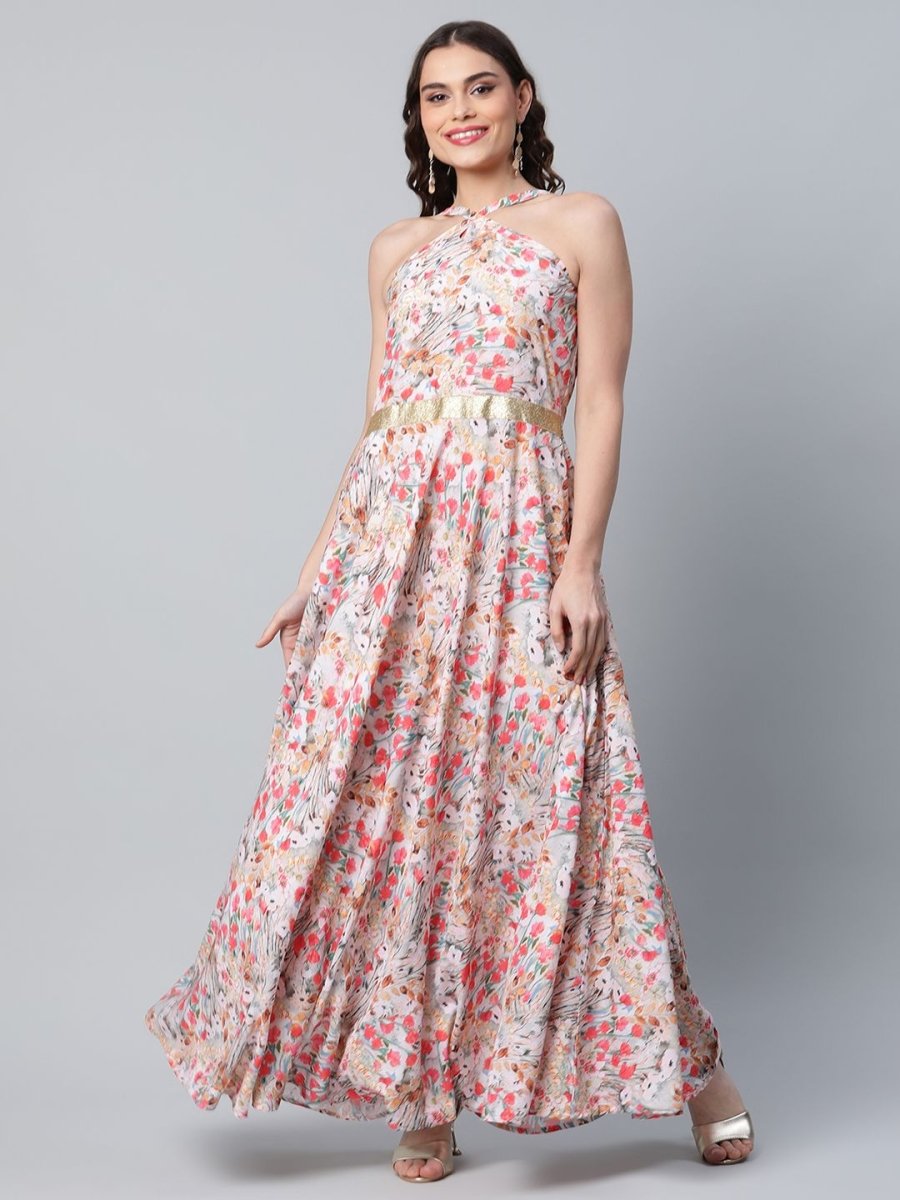 Ahalyaa Women Crepe Printed Classic White Romantic Florals Dress