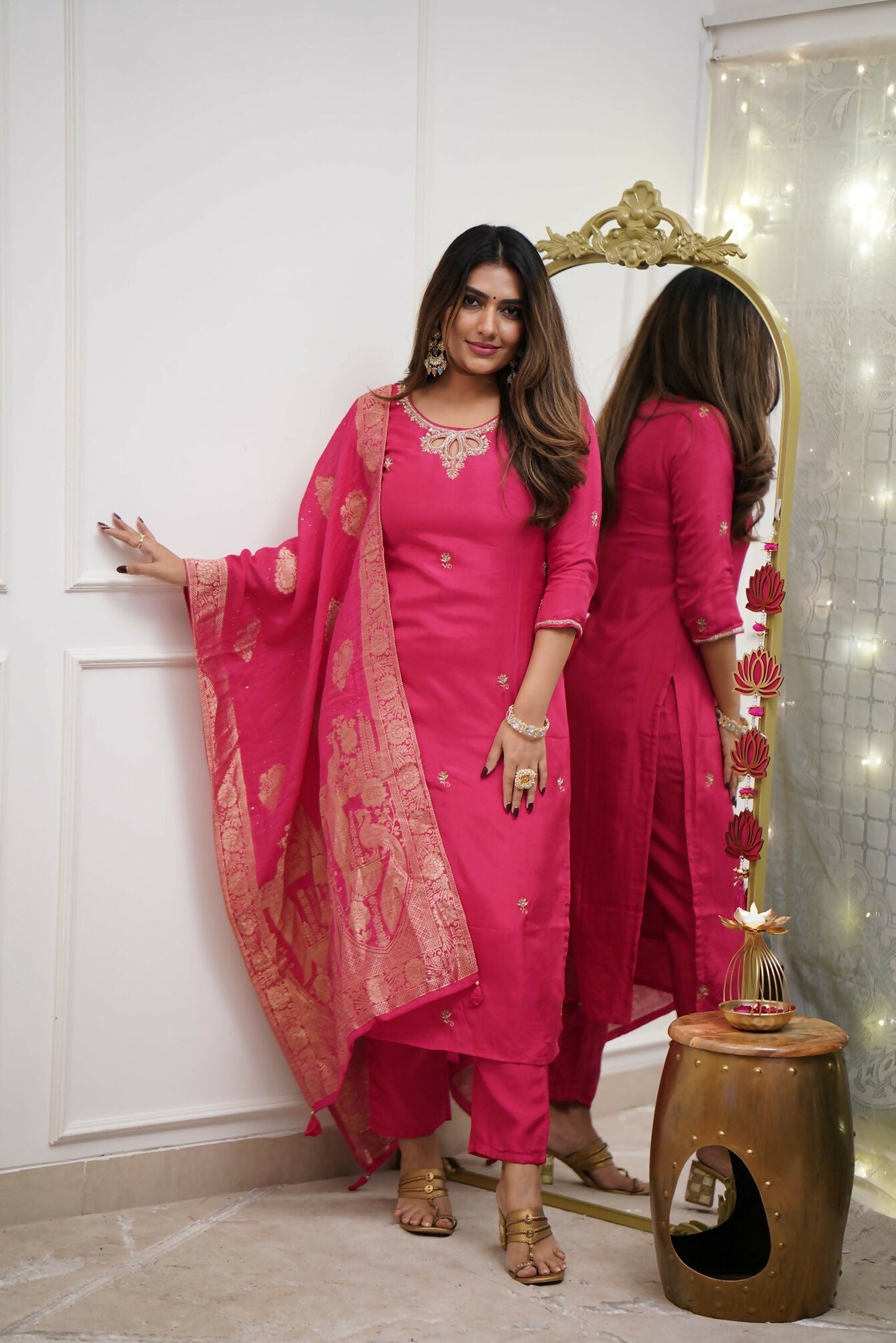 The52 Gajri Women's Gorgeous Embroidered Viscose Chanderi Fabric Straight Kurta Pant with Dupatta Set