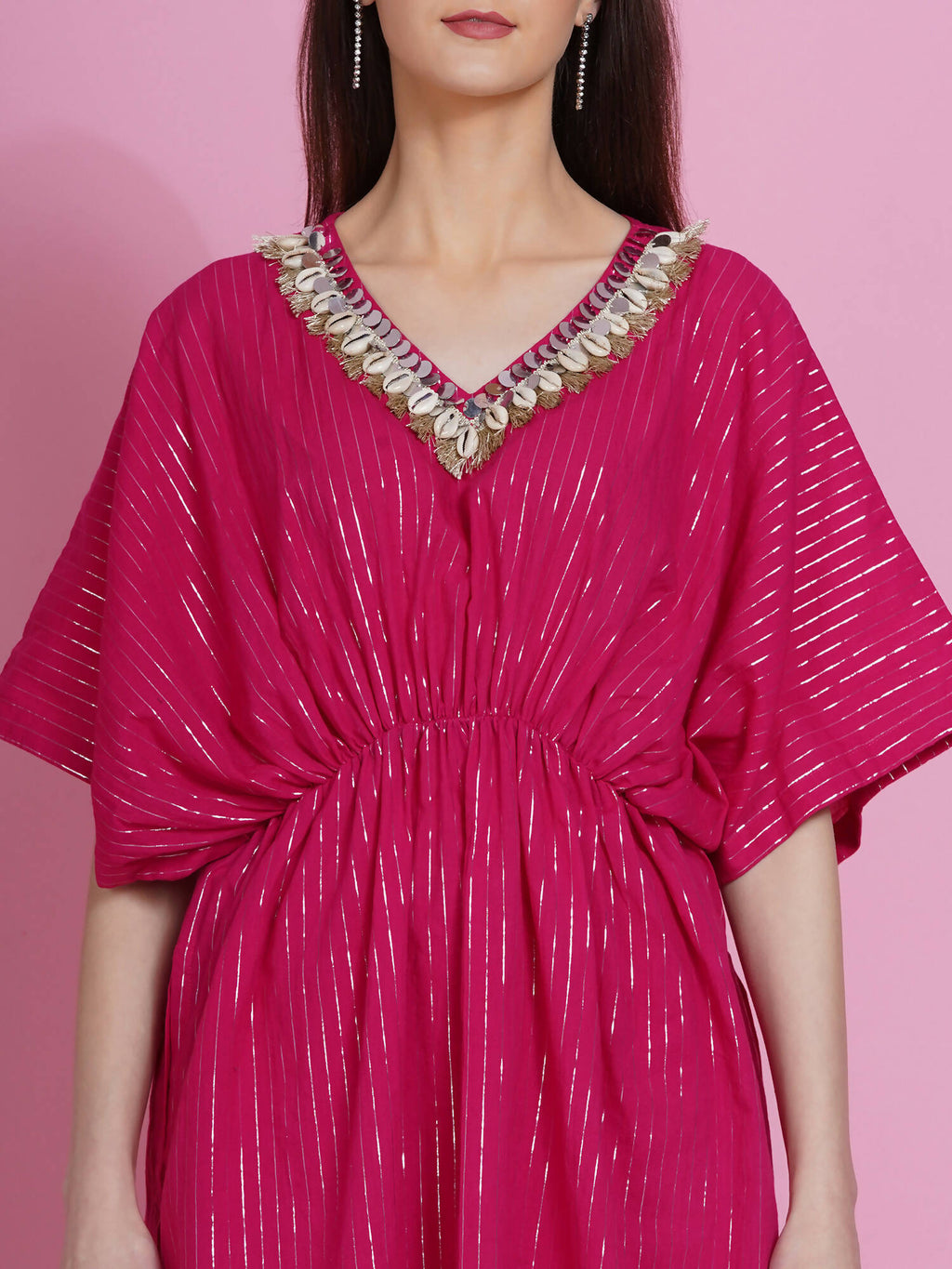 Women Republic Pink Lurex Cotton Kaftan Style Kurta With Pants