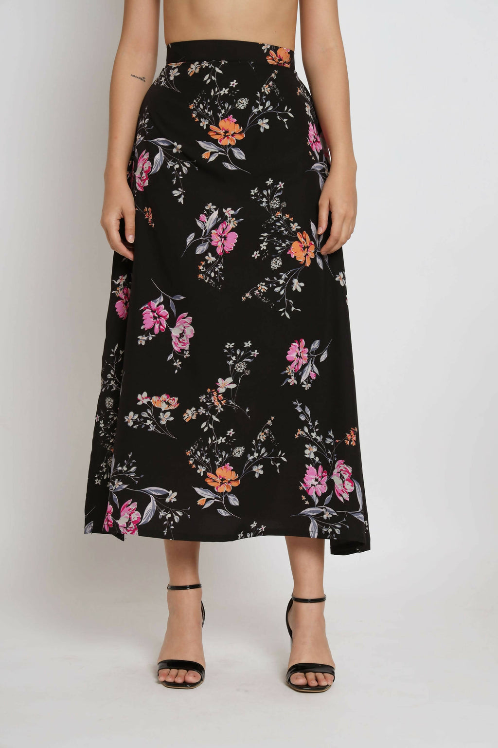 Black Crepe Floral Printed Top with Matching Skirt - Shivani