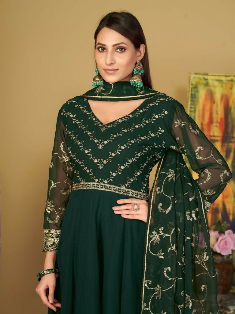 Jyoti Fashion Women's Bottle Green Georgette Embroidered Anarkali Kurta Pant Set With Dupatta