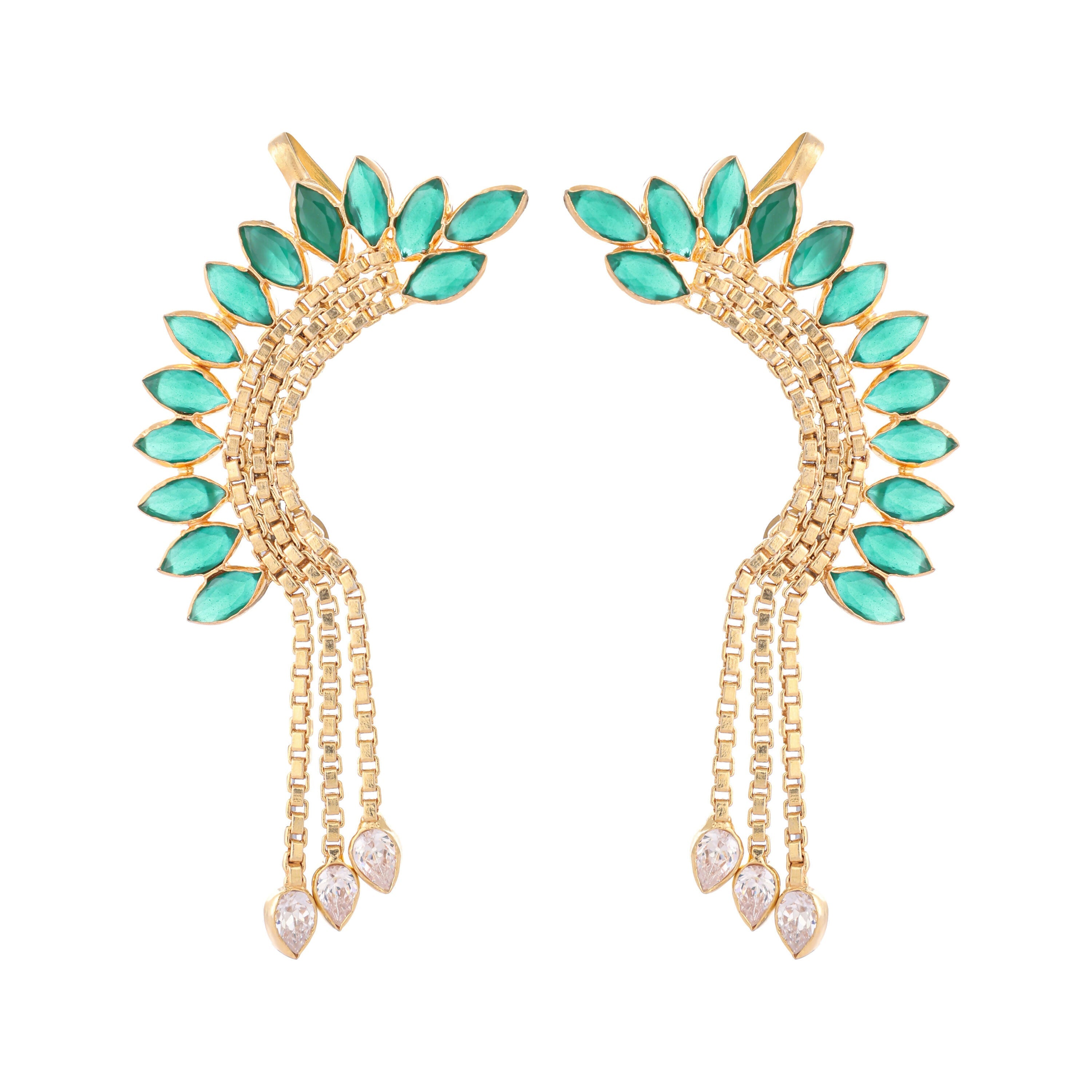 Nuyug 22K Gold Plated Faux Emerald Studded Contemporary Ear Cuff Earrings