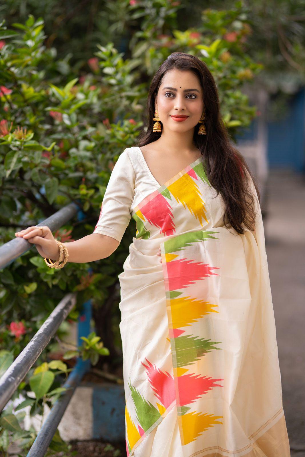 Cream Polycotton Woven Design Saree with Unstitched Blouse - Hiral Fashion