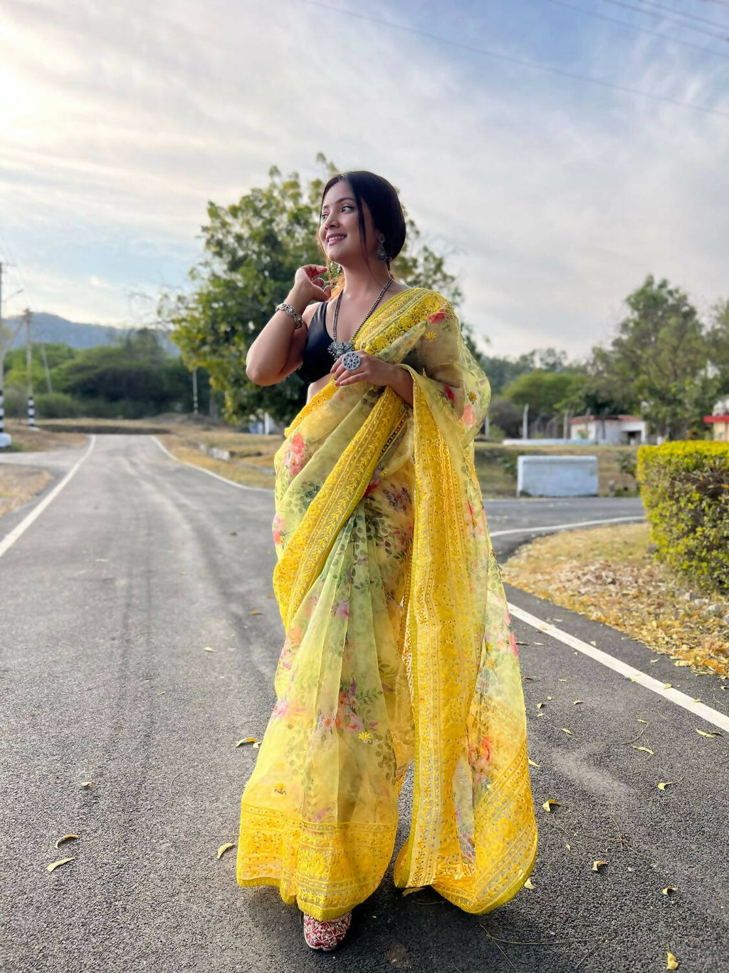 Vamsee Yellow Organza Saree