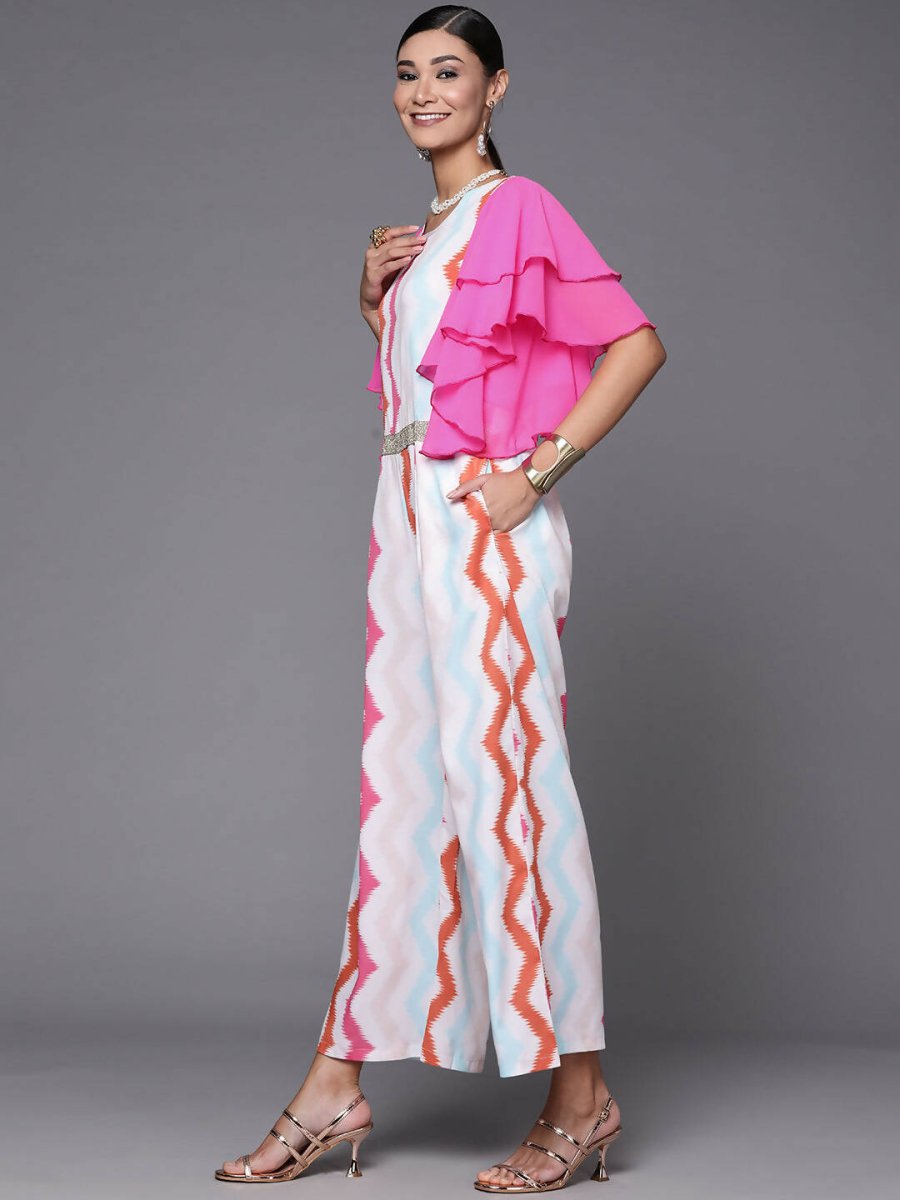 Ahalyaa White & Pink Zig Zag Striped Basic Jumpsuit