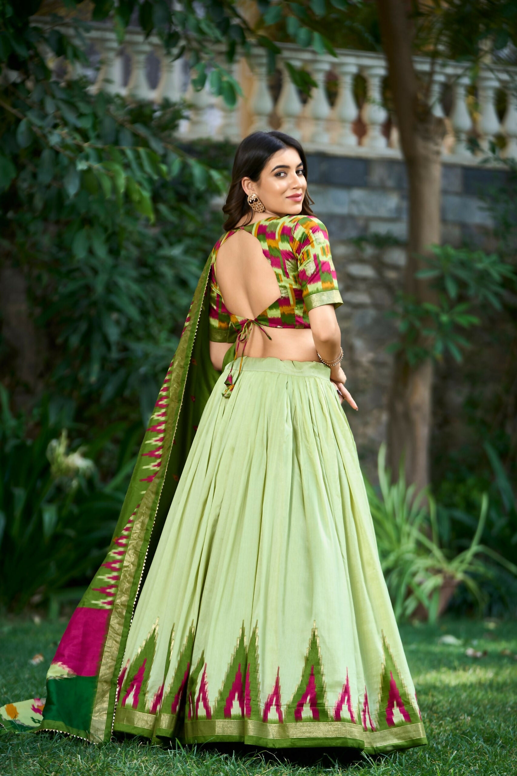 Vastranavya Printed and Foil Work Tussar Silk Lehenga with Unstitched Blouse - Pista