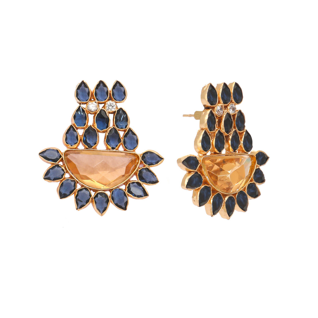 Nuyug 22K Gold Plated Crystal Studded Contemporary Floral Shaped Stud Earrings