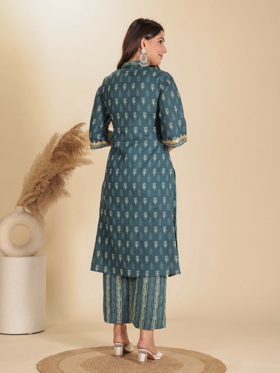 Aramya Blue Soft Cotton Block Print Straight Kurta Set for Women