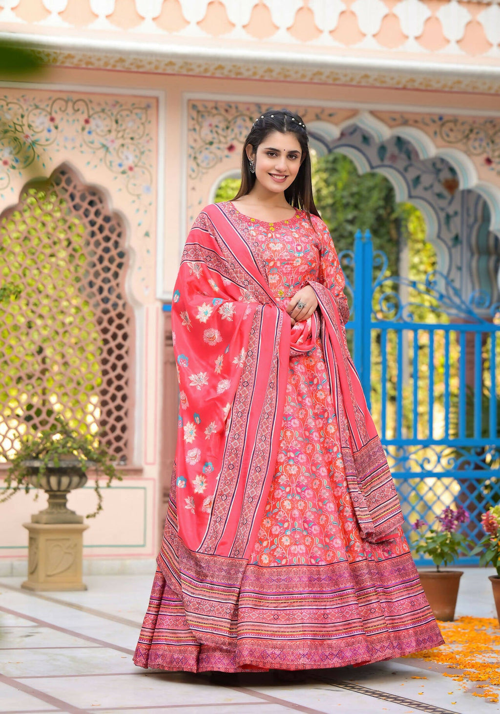 Functional Designer Red-Orange Dola Silk Anarkali suit with Dupatta - Ramya