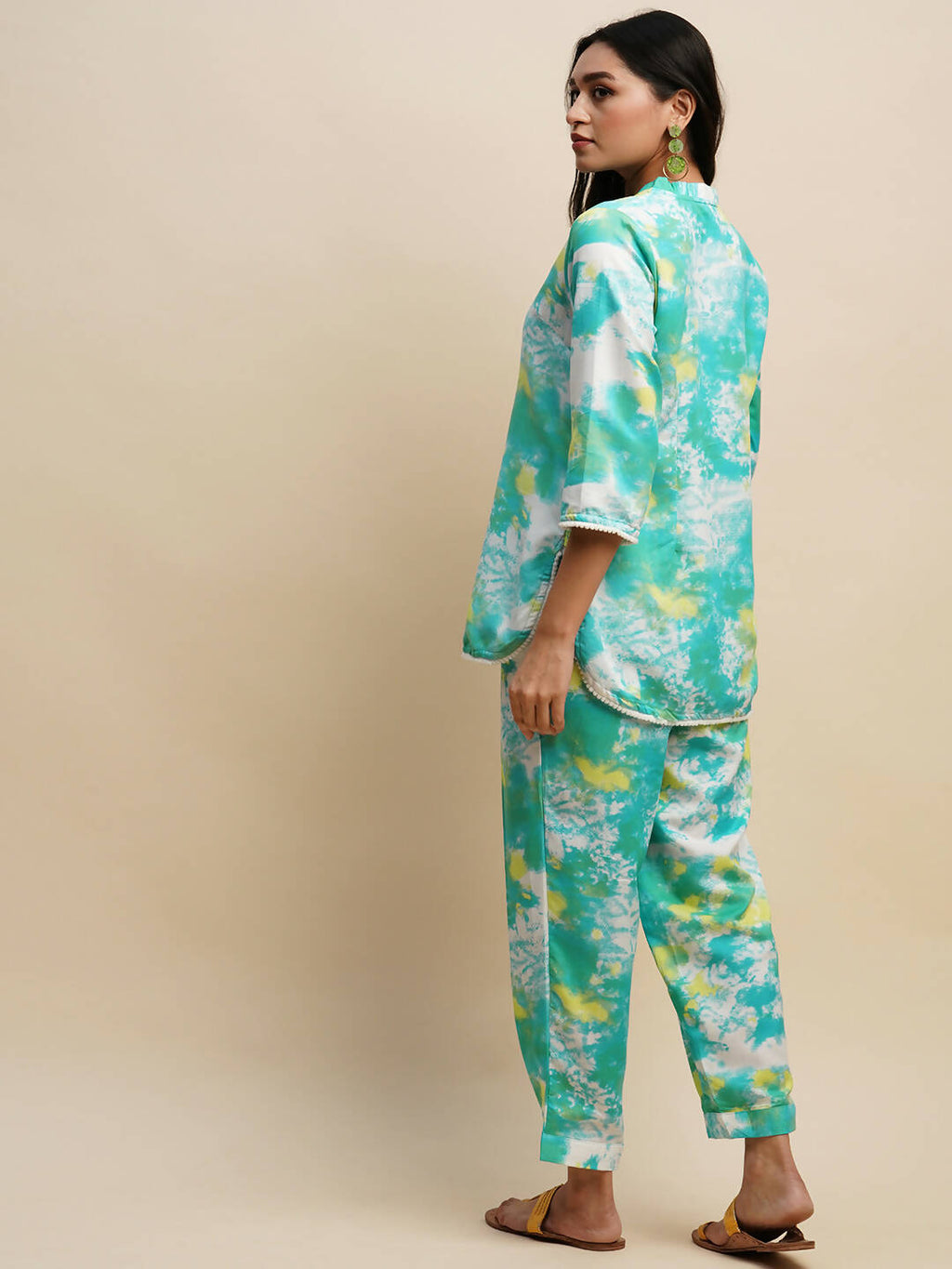 Sky Blue Poly Rayon Tie and dye Printed Top with Matching Trouser - Shivani