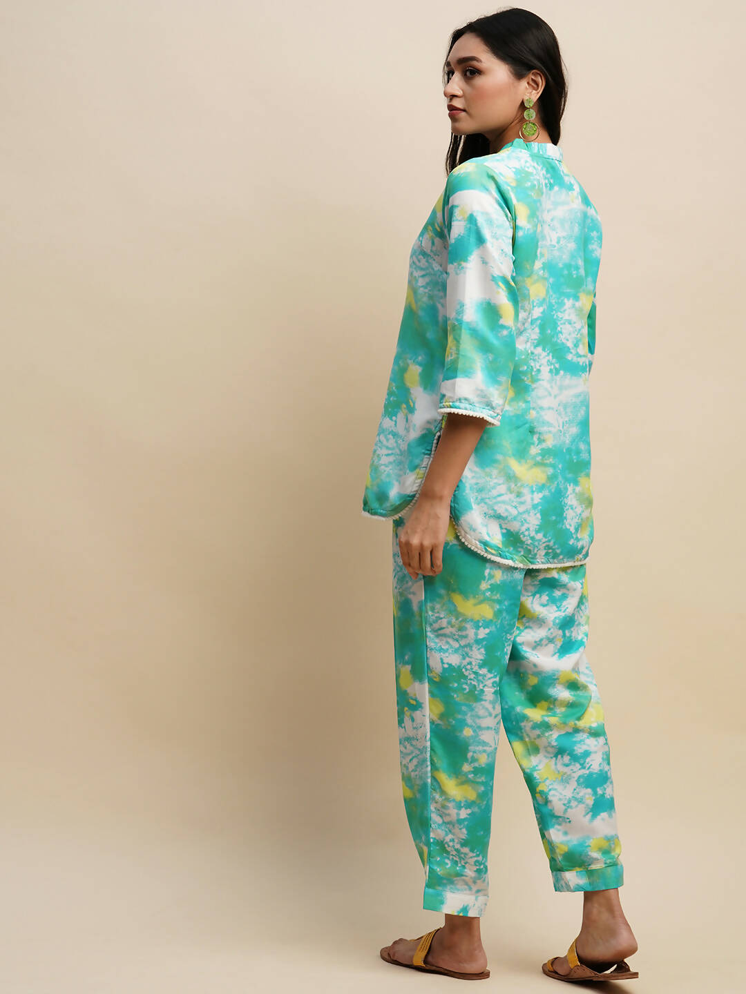 Sky Blue Poly Rayon Tie and dye Printed Top with Matching Trouser - Shivani