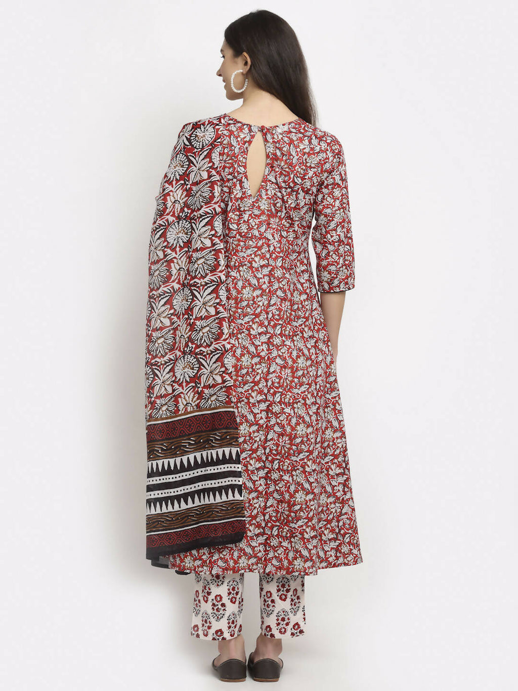 Rudra Bazaar Leaf Printed Anarkali Red Suit Set With Dupatta