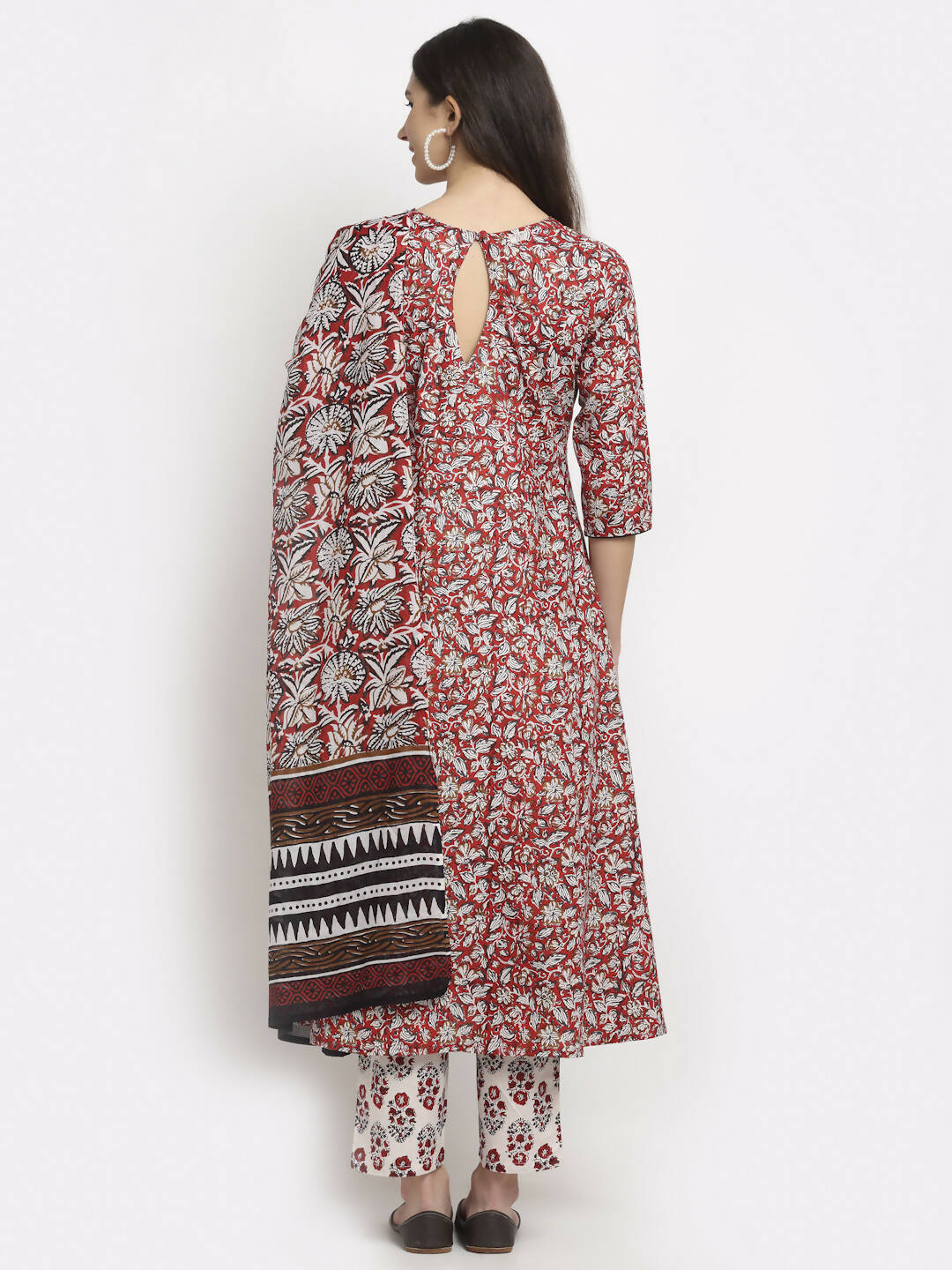 Rudra Bazaar Leaf Printed Anarkali Red Suit Set With Dupatta