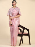 Pink Satin Solid Ready to wear Saree with stitched Blouse - Vanita