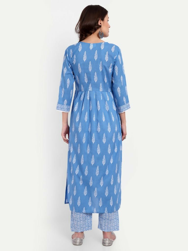 Alvano Printed Naira Cut Kurti with Pant set for Women and Girls Cotton (Blue)