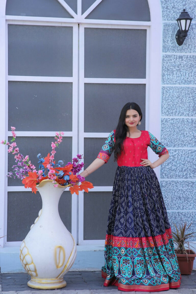 Jyoti Fashion Women's Navy Blue Patola with Foil Print Dola Silk Anarkali Dress