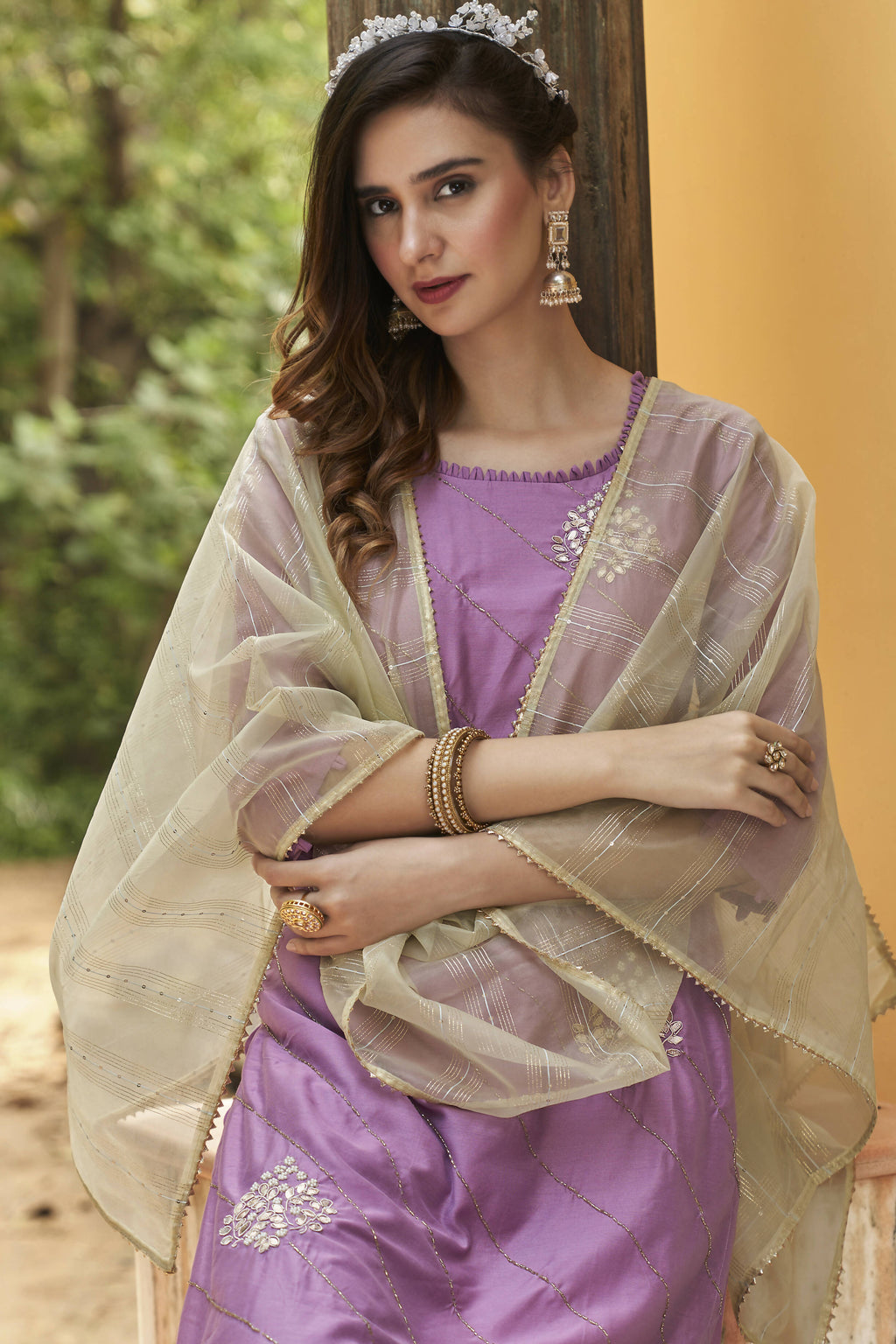 Lavender Chinon Embroidered Kurta and Bottom with Dupatta - Akashara