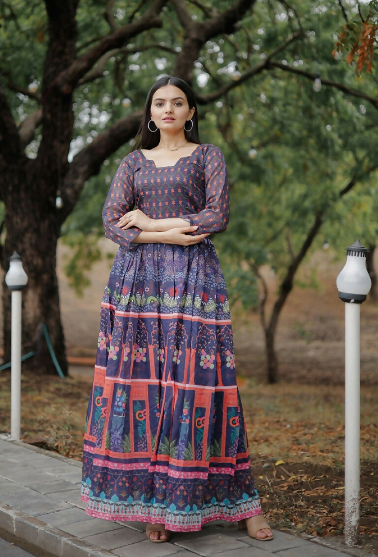 Jyoti Fashion Women's Purple Heavy Digital Printed Pure Chanderi Anarkali Dress