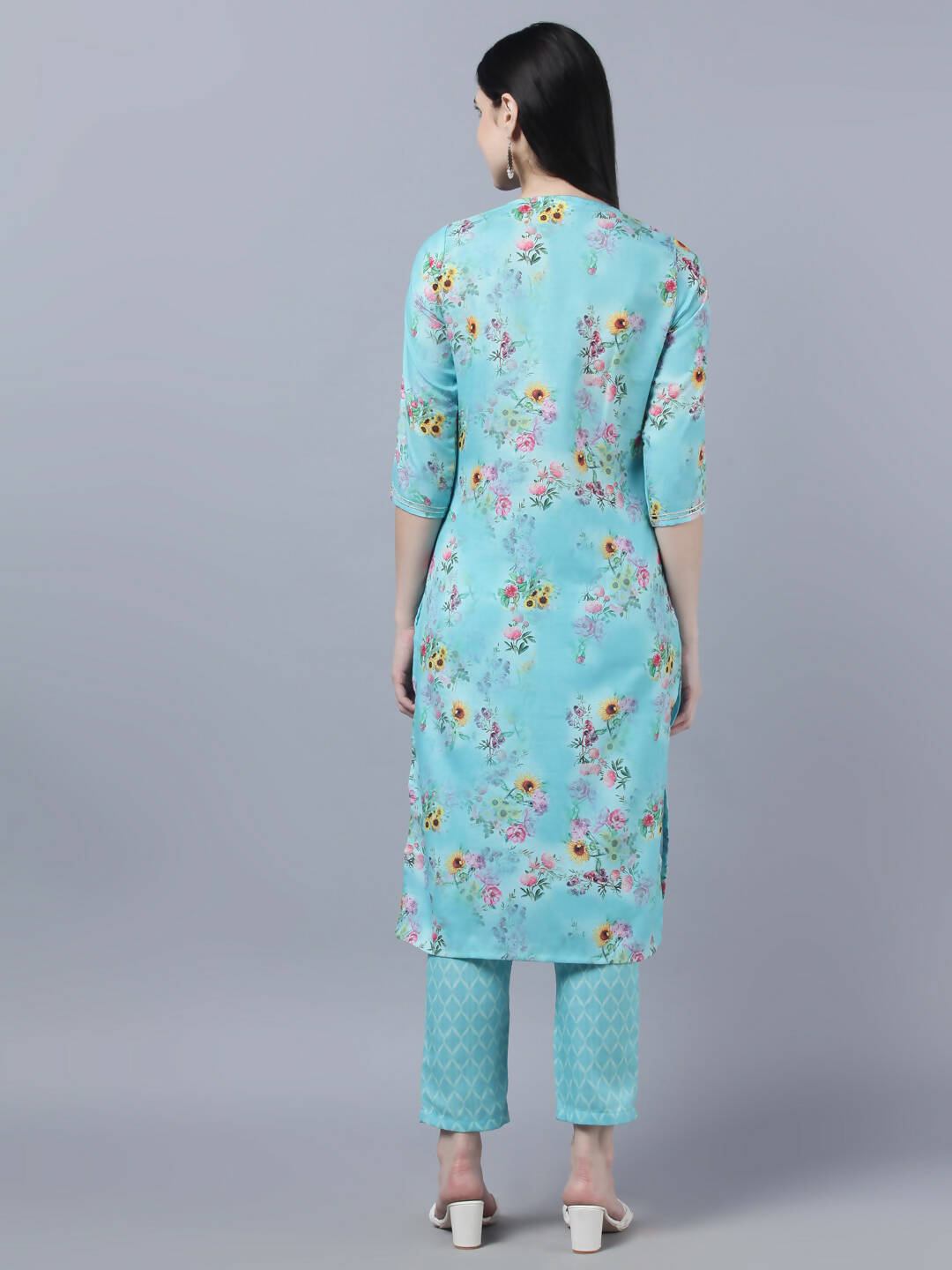 Myshka Women Blue Yellow Printed Kurta with Trousers