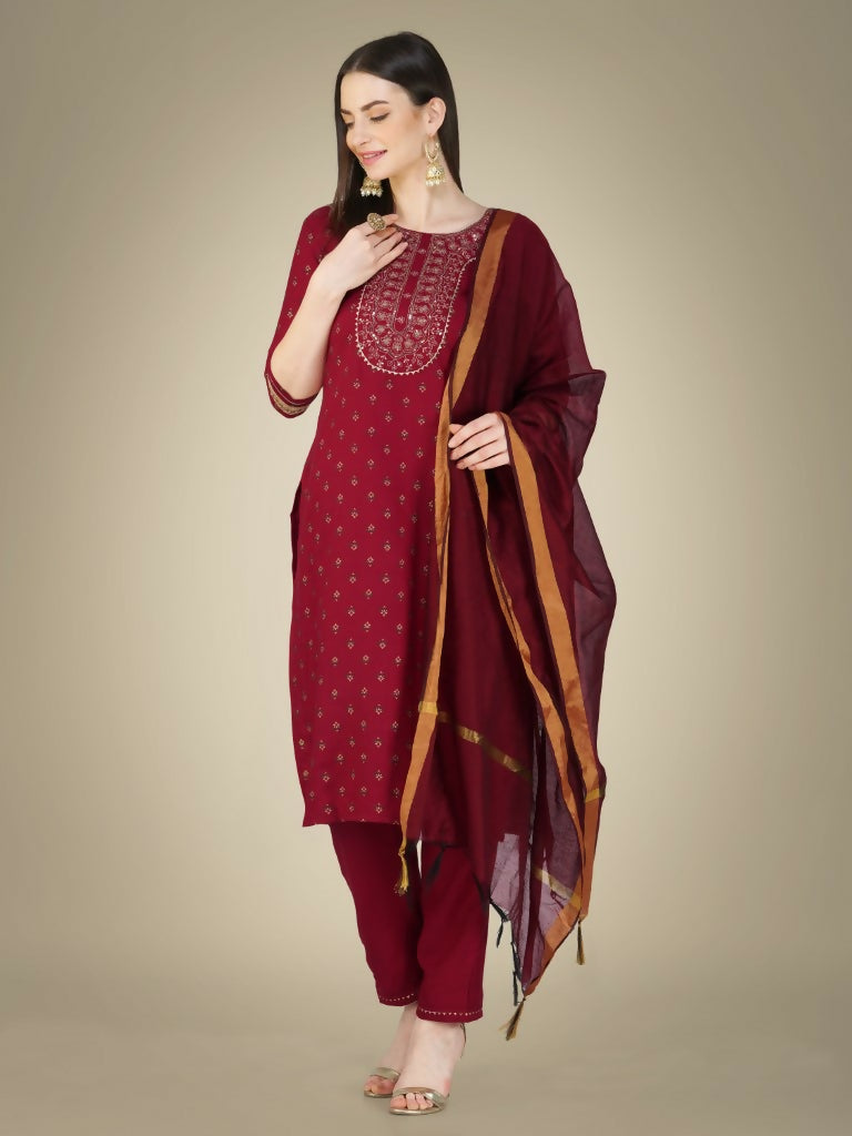 Jyoti Fashion Women's Maroon Cotton Magic Slub Embroidery & Sequence work Kurta with Trouser & Dupatta