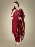 Jyoti Fashion Women's Maroon Cotton Magic Slub Embroidery & Sequence work Kurta with Trouser & Dupatta