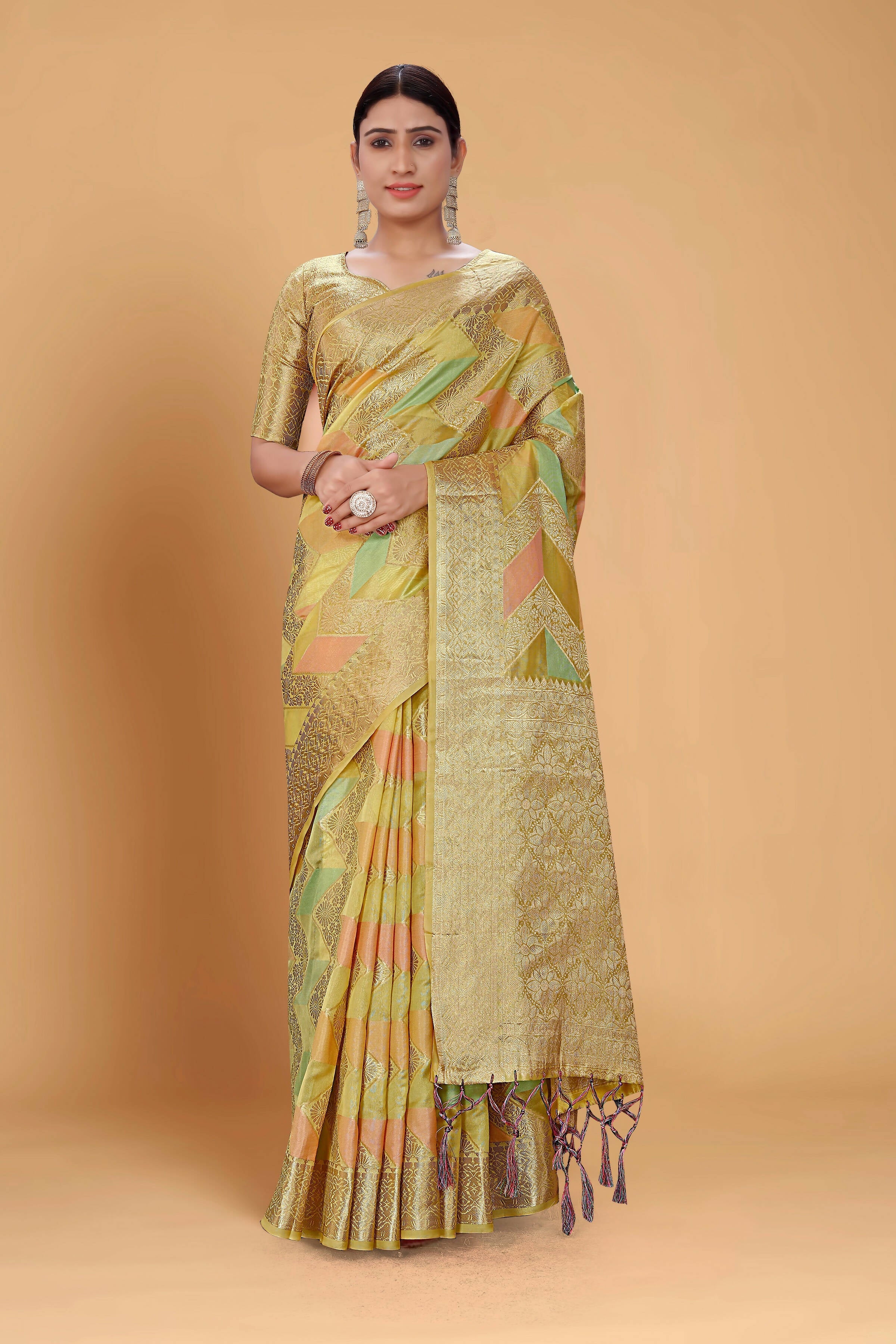 Pista Soft Organza Woven Design Saree With Unstitched Blouse Piece - Zaara