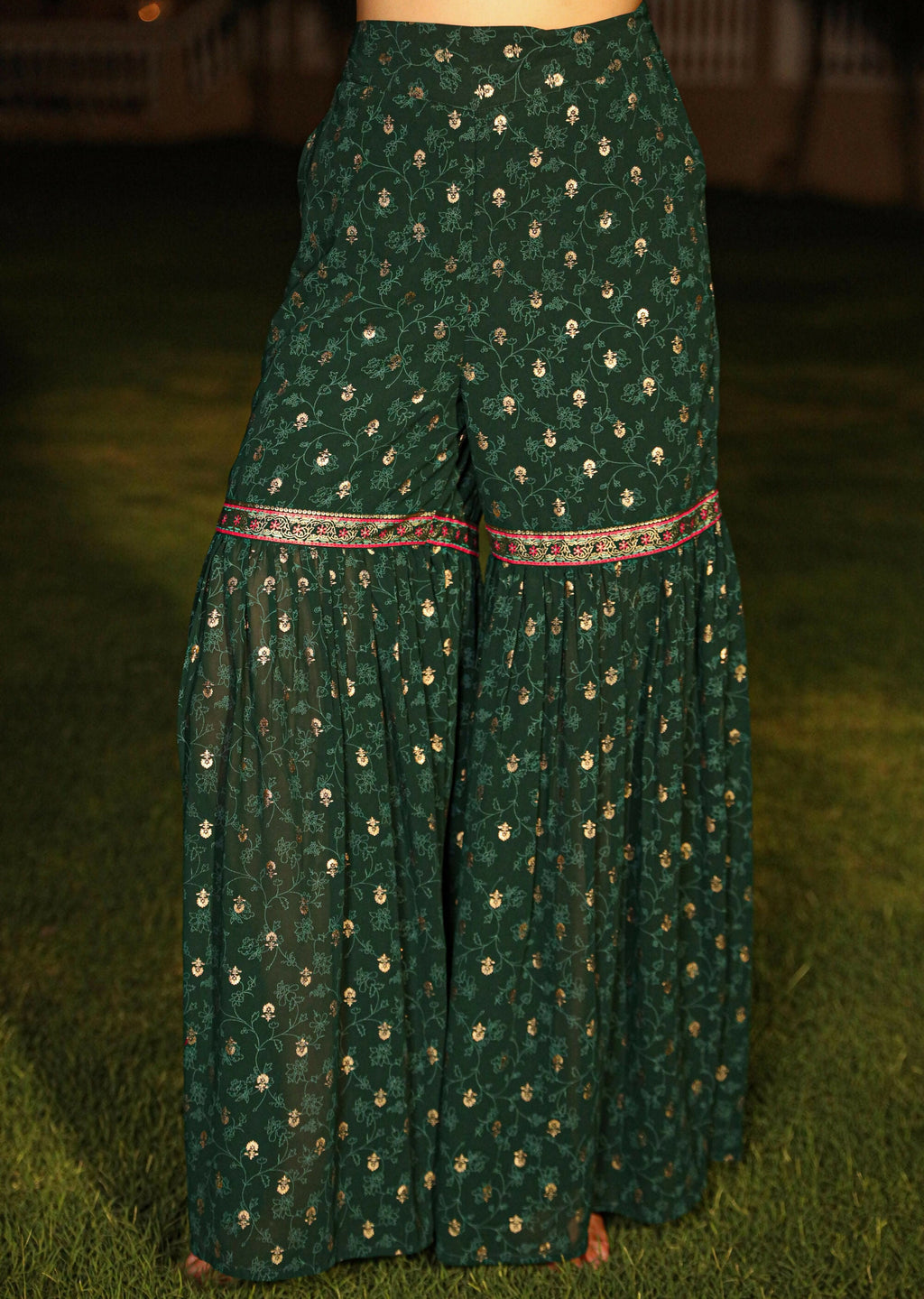 Juniper Women's The Swarn Jade Green Ethnic Motif Printed Georgette Kurta Pant And Dupatta With Sequins & Zari Work