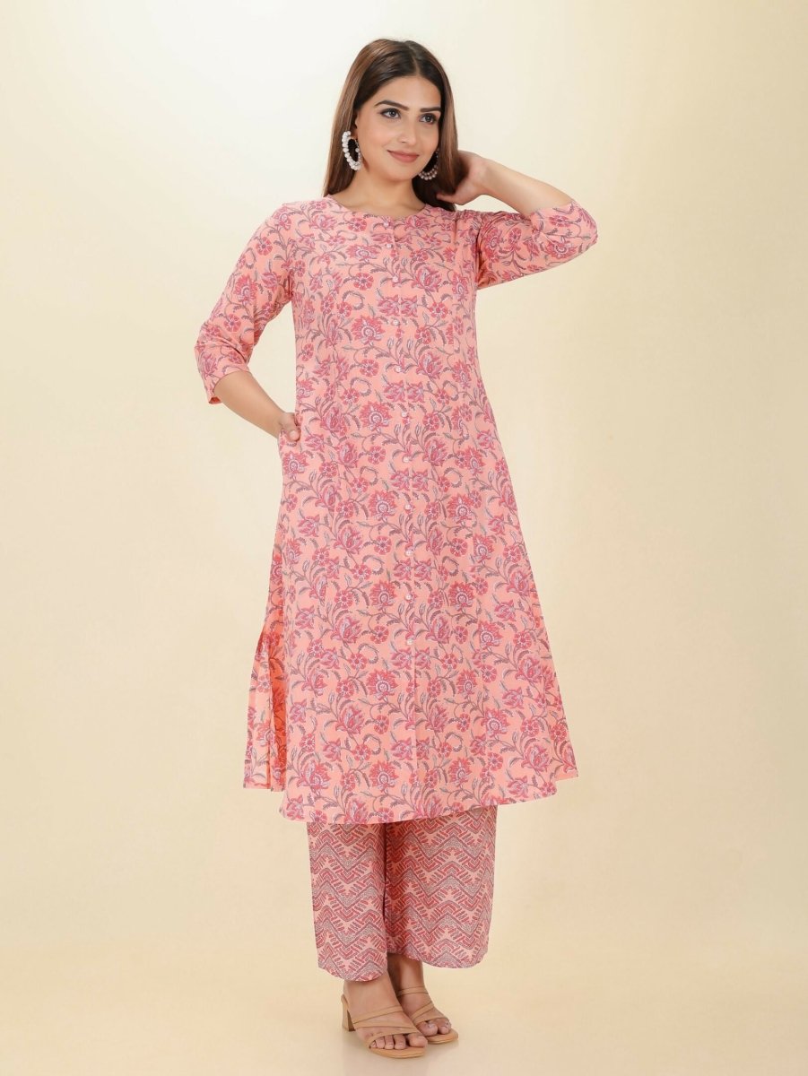 Aramya Pink Soft Cotton Floral Print A-line Kurta Set for Women
