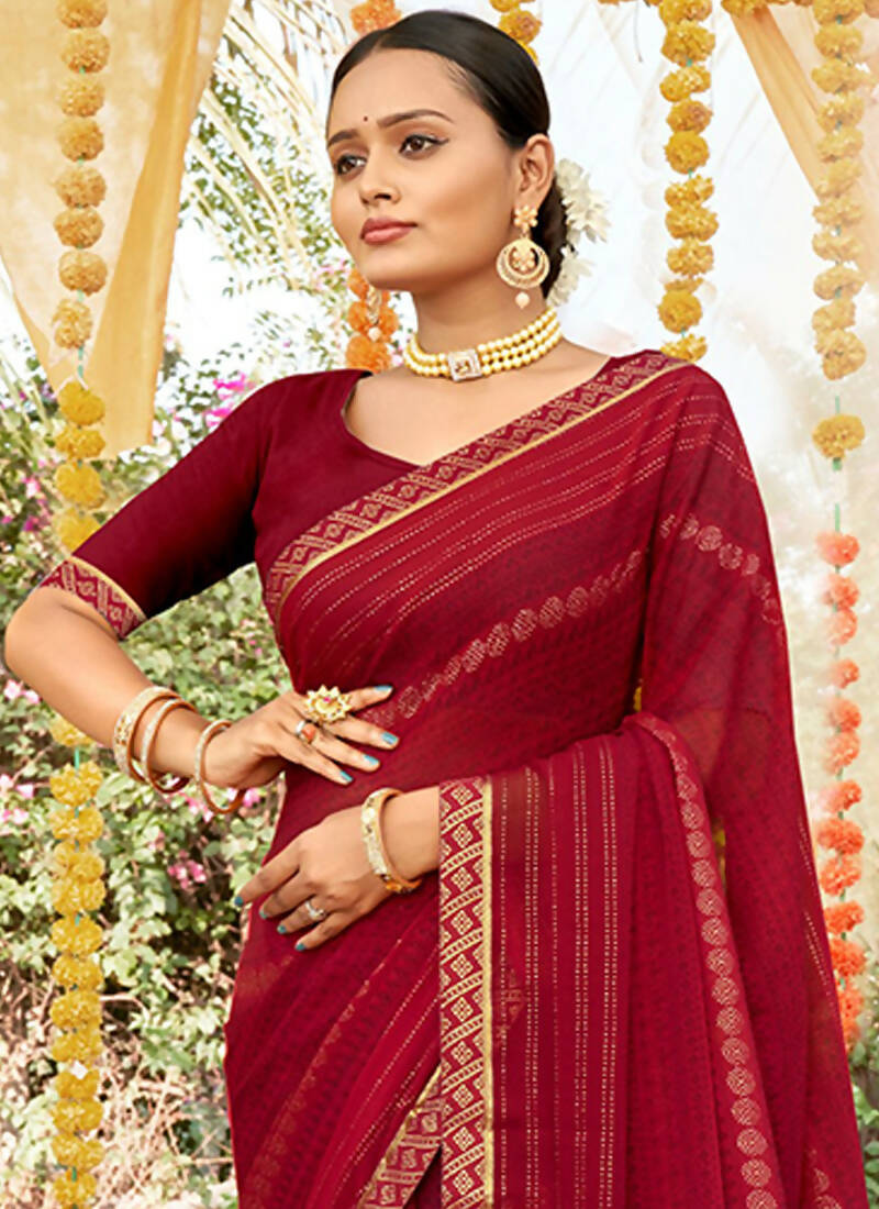 Maroon Georgette Foil Printed Saree with Unstitched Blouse Piece - Avika