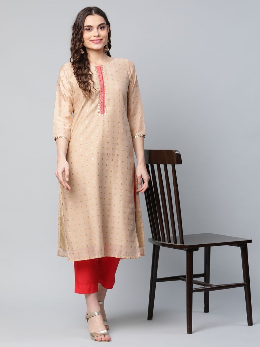 Ahalyaa Women Beige Colour Chanderi Printed Kurta Pant Set