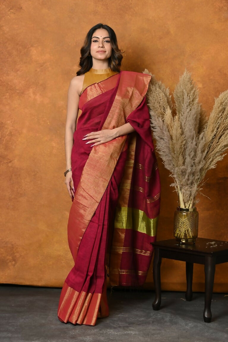Very Much Indian Handloom Pure Cotton Linen Saree With Golden Border - Maroon