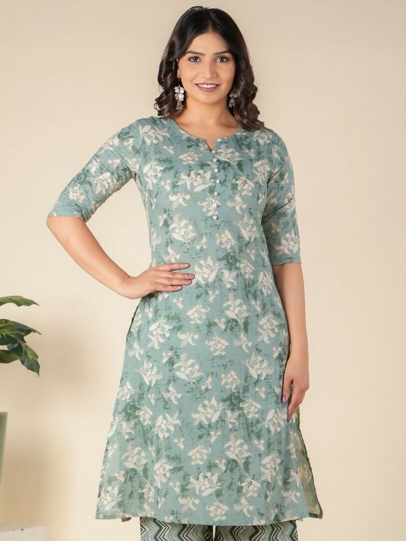 Aramya Green Soft Cotton Floral A-line Kurta for Women