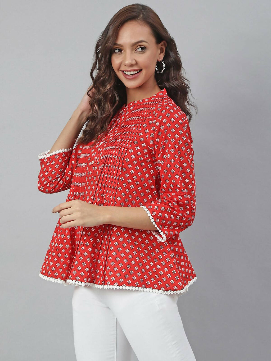 Janasya Women's Red Cotton Floral Print Flared Top
