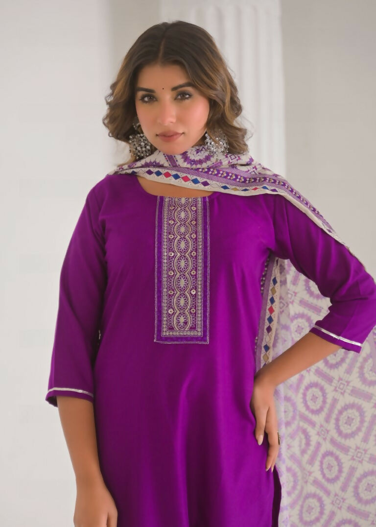 Festive Ethnic Viscose Chanderi Purple Stitched Suit With Dupatta - Rashmika