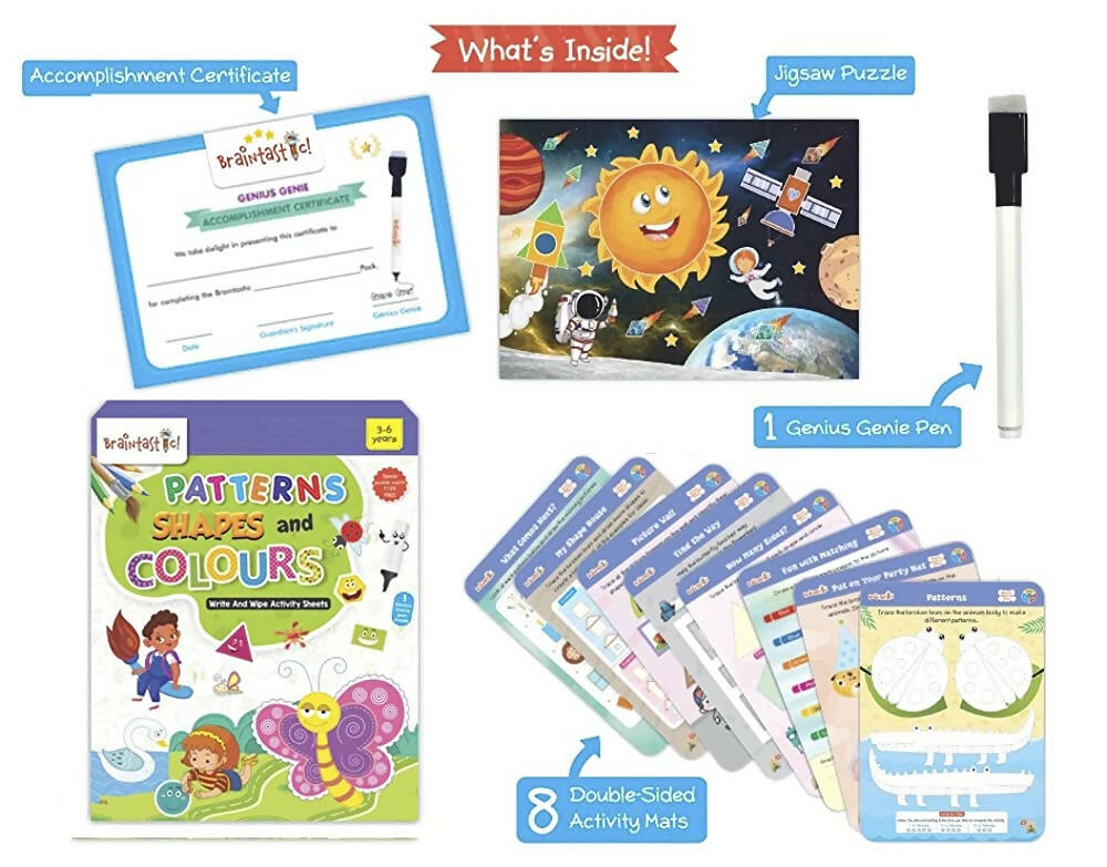 Braintastic Educational Game/Toys: Shapes, Pattern & Colors Reusable Activity Sheet for Kids (3-6 Years) with Free Puzzle