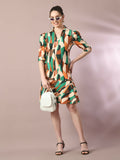 Myshka Women's Multi Printed Shirt Collar Fit and Flare Party Dress