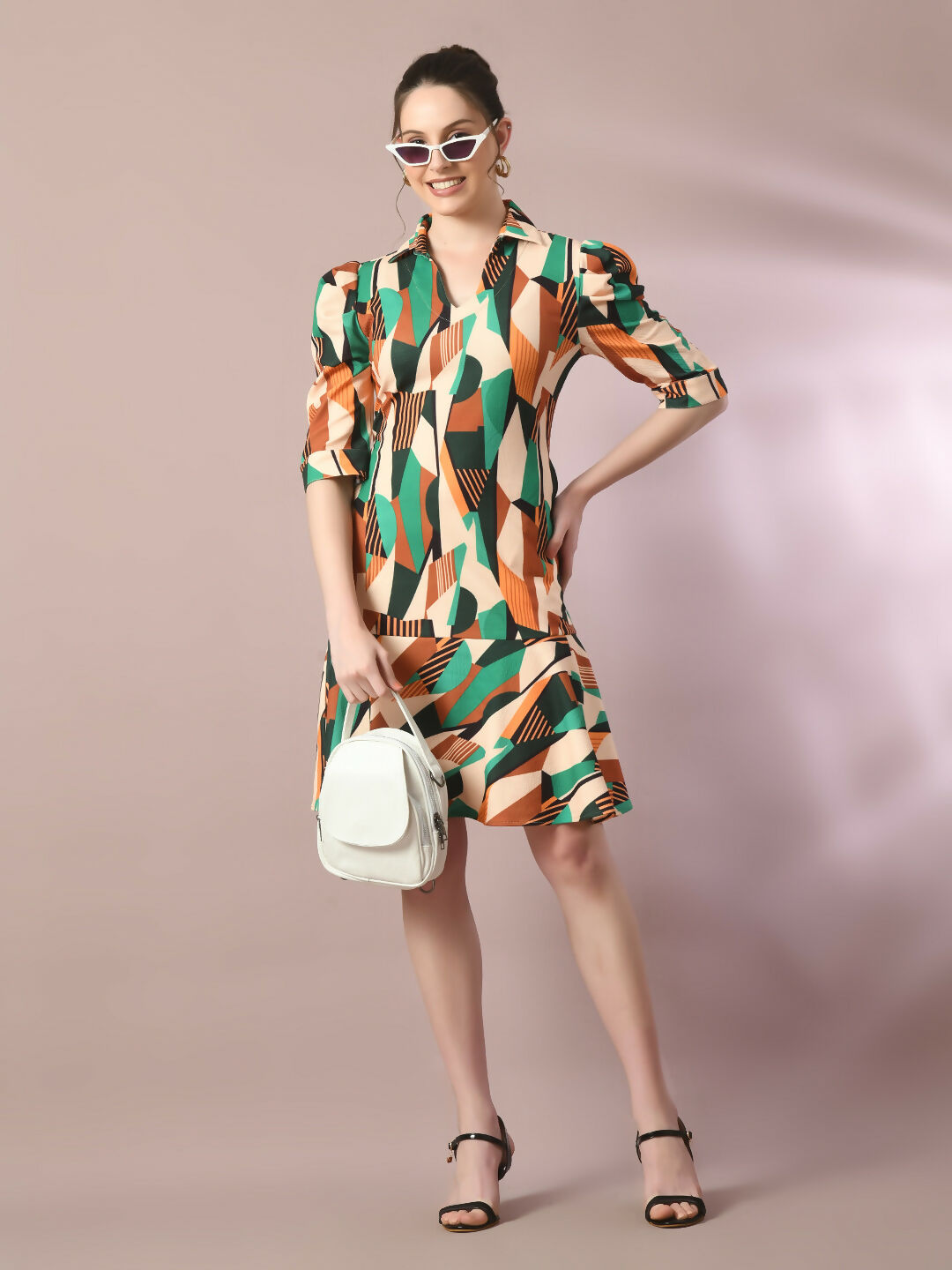 Myshka Women's Multi Printed Shirt Collar Fit and Flare Party Dress
