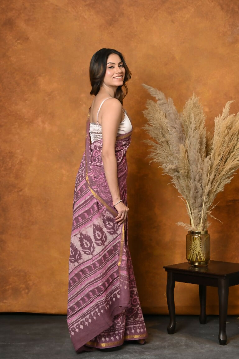 Very Much Indian Handblock Printed Cotton Saree With Natural Dyes - Pink