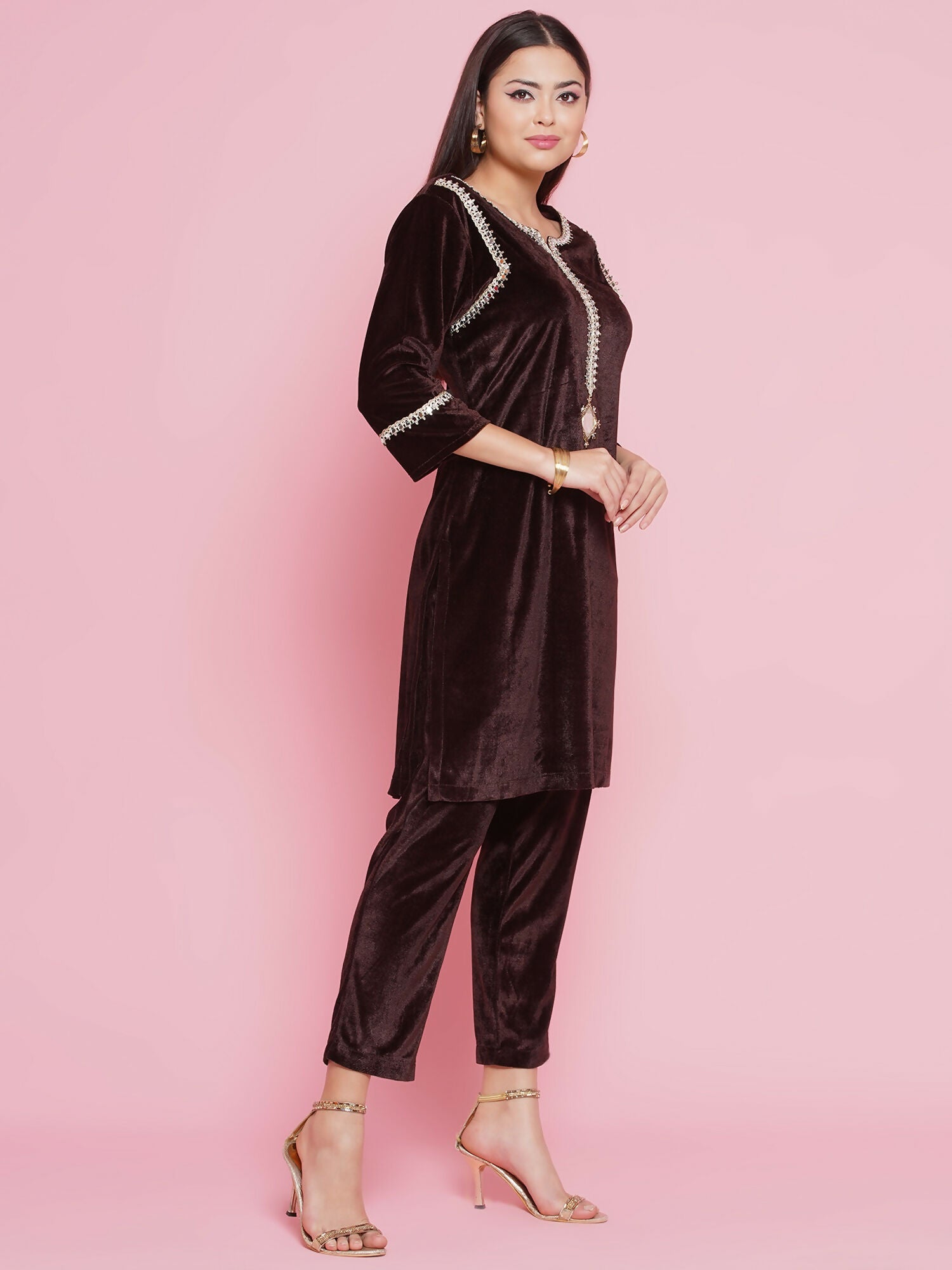 Joban Fashion Brown Mirrior Work Velvet Coord Set
