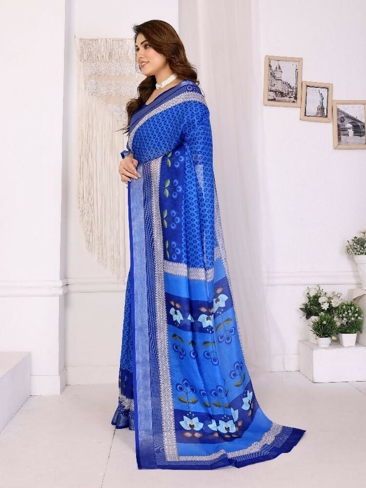 PR Fashion Blue Handloom Linen Cotton Zari Saree