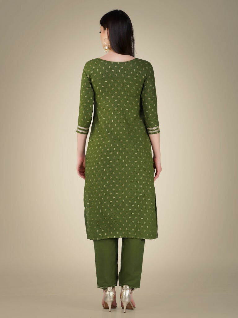 Jyoti Fashion Women's Mehendi Cotton Magic Slub Embroidery & Sequence work Kurta with Trouser & Dupatta