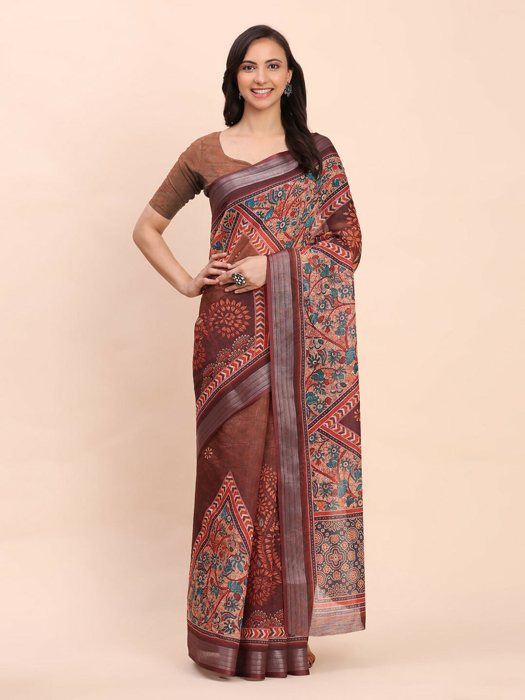 Shree Shyam Fashion Linen Cotton Brown Saree